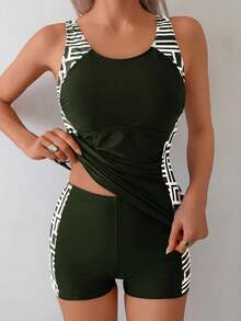 Swim Lushoire Bộ 2 món đồ bơi tankini mùa hè mới, màu kaki, họa tiết hình học ngẫu nhiên, không tay, ôm dáng, xếp ly, kín đáo, quần bơi ngắn, áo bơi thể thao nữ, dây mảnh. - Màu xanh lá cây đậm - Xem 8
