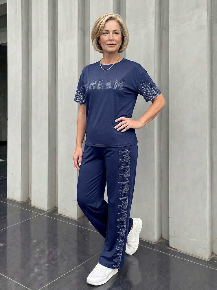 Middle-Aged & Elderly Women's Round Neck Letter Print Short Sleeve Top And Pants Casual Daily Suit