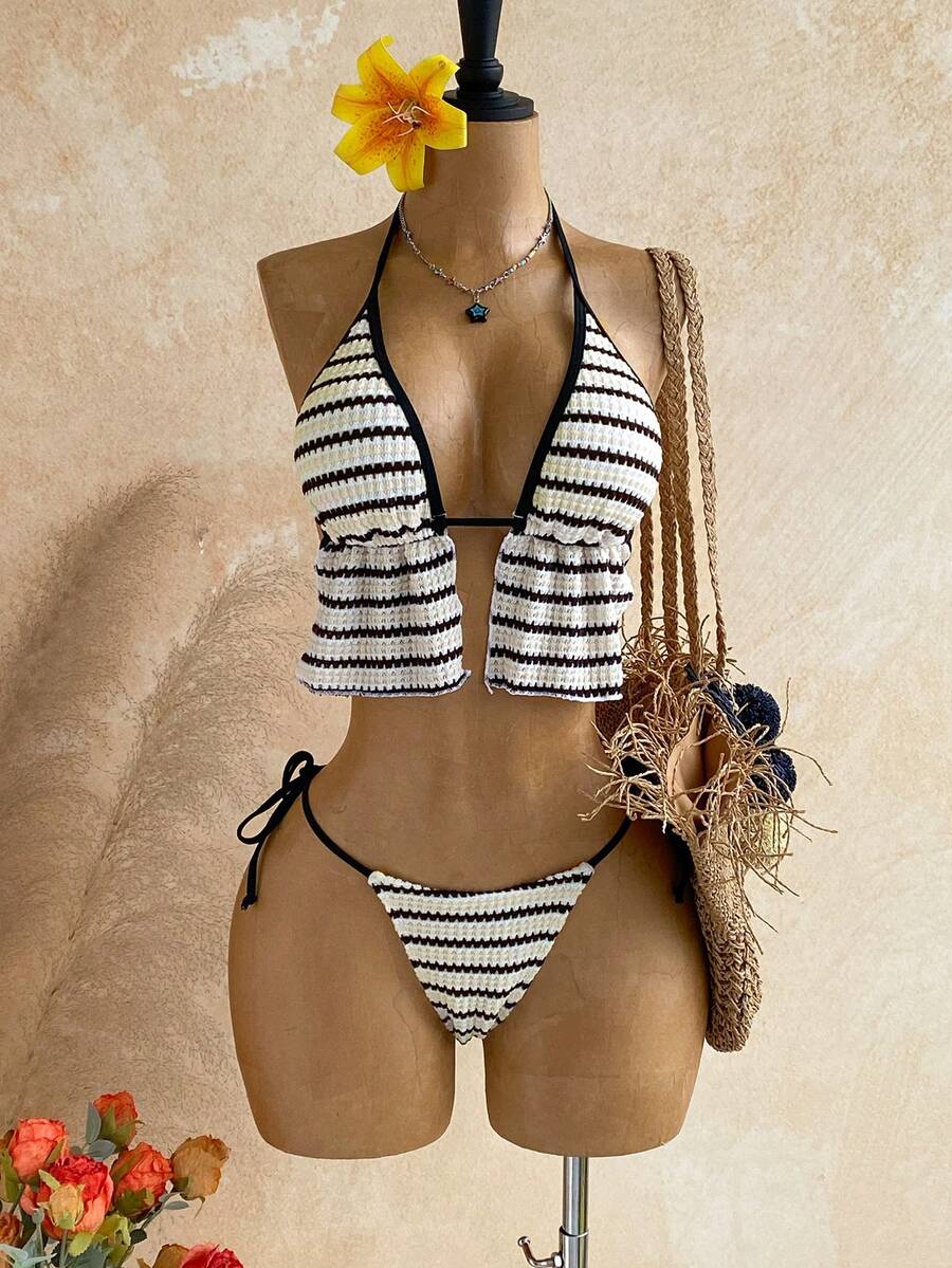 Soleia Bộ bikini gợi cảm buộc dây cổ, kẻ sọc, dành cho nữ, thích hợp mặc đi biển mùa hè. - Nhiều màu - Xem 1