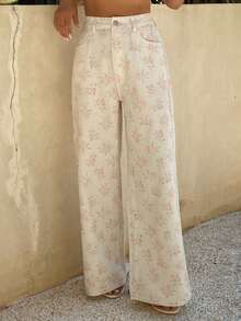 DAZY Quần jeans ống rộng dáng suông họa tiết hoa nhí dành cho nữ, phong cách lãng mạn mùa hè, thích hợp cho kỳ nghỉ biển. - trắng - Xem 7