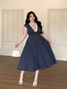 Vibekara Plus Size Polka Dot Lace V-Neck Dress, Spring/Summer - Navy Blue - View 4