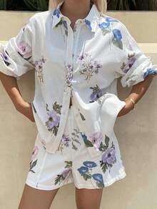 Livesso Conjunto de 2 piezas de top sin mangas con cuello blanco de algodón y estampado, y shorts casuales, adecuado para fiestas, playa, vacaciones, atuendos de verano para mujeres - Blanco - Ver 3