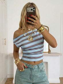 SHEIN EZwear Women's Asymmetric Ruched Cropped Top - Blue - View 3