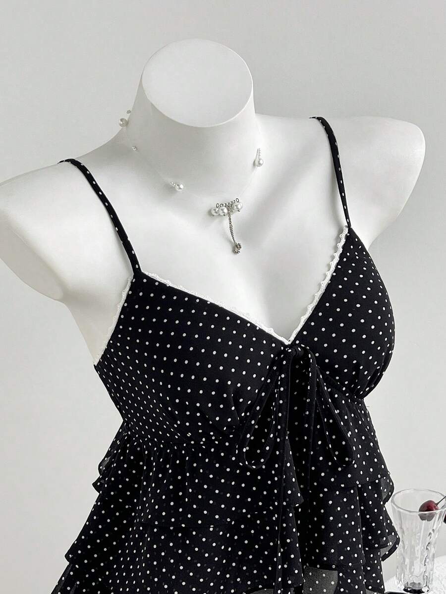 Elamini 女士藏蓝色舒适方领波点荷叶边吊带背心,适合度假、海滩和日常百搭穿着 - 黑色 - 查看 1