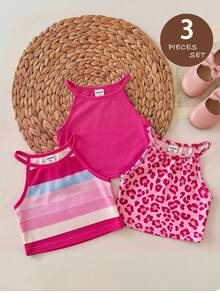 SHEIN Bộ 3 áo thun dệt kim cho bé gái, họa tiết sọc và da báo. - Nhiều màu - Xem 4