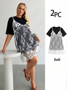 Auralis Nuevo vestido sexy de verano con tirantes de espagueti de encaje negro y ribete de pestañas de encaje & Camiseta holgada de manga corta con cuello redondo blanco / Conjunto casual de talla grande / Atuendo romántico casual para vacaciones - Blanco y Negro - Ver 8