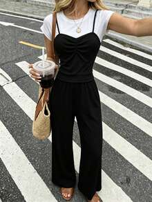 Modelyn Round Neck 2 In 1 Black Top With Loose Pants Knit 2 Pieces Set Brunch Day Time Everyday Holiday Summer Casual Sexy Travel Golf White - Black and White - View 3