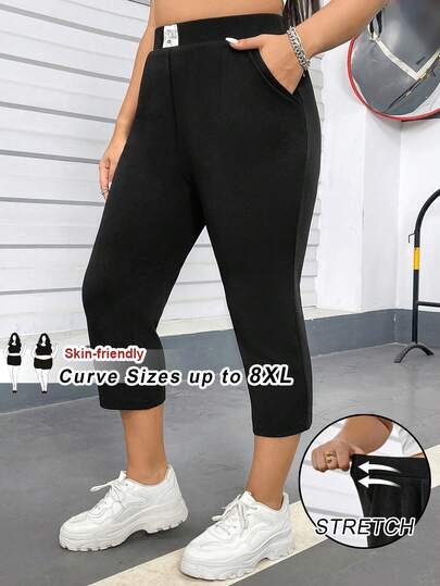 SHEIN CURVE+ Pantalones anchos y casuales de mujer de unicolor con cintura alta, estilo entallado y bolsillos