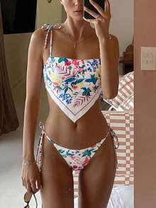 Bonvoyette Đồ bơi thời trang mới nhất dành cho nữ, bộ đồ hai mảnh gồm áo croptop hai dây thắt nơ in hoa phong cách đồng quê, thích hợp cho kỳ nghỉ hè. - Nhiều màu - Xem 4