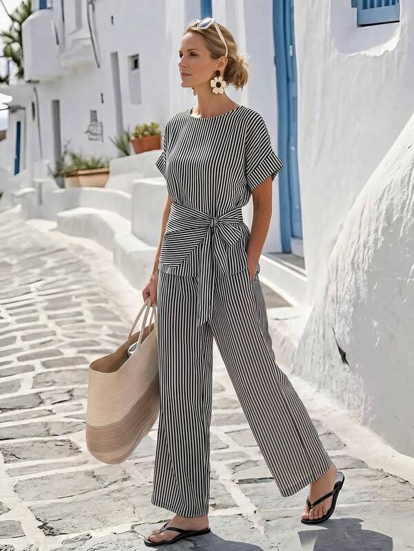 Faunlyn Conjunto casual de 2 piezas: blusa de manga corta a rayas y pantalón de pierna ancha para mujer