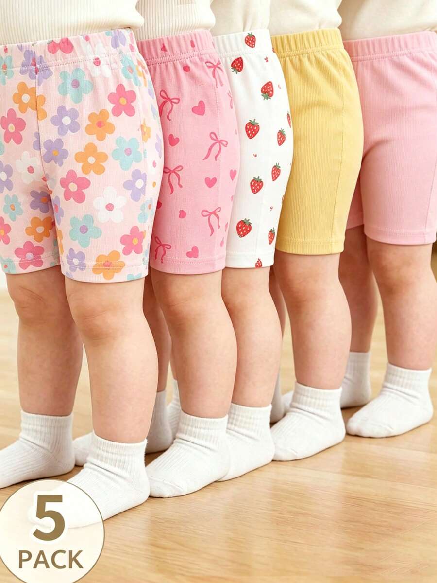 SHEIN Playful Pals 5件套女婴休闲短裤套装，柔软亲肤，款式可爱，百搭运动装，多种颜色可选，春夏款