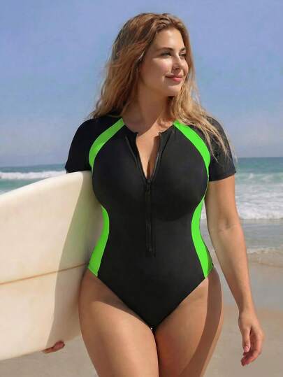 Swim SPRTY بدلة سباحة رياضية بتصميم أسود وأبيض مجزأ، موديل صيفي جديد لعام 2026، بدلة سباحة بطراز كلاسيكي جامعي بسيط، بدلة سباحة مقاسات كبيرة لرياضة التزحلق على الأمواج