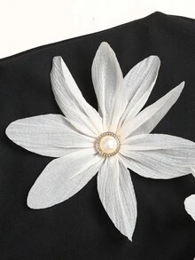 SHEIN 少女黑色纯色不对称肩部褶皱蝴蝶结松紧腰休闲优雅通勤3D花卉装饰长裙，适合春夏户外穿着 - 黑色 - 查看 4
