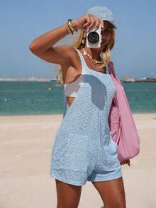 Swim Lushoire Mono de verano para mujer sin mangas, de unicolor, con textura, estampado de leopardo, diseño de bolsillo frontal bordado, cómodo y de pierna ancha - Celeste - Ver 5