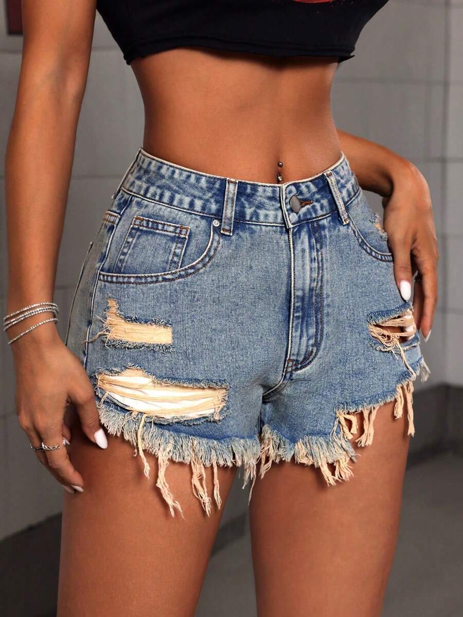 SHEIN EZwear 夏季時尚磨損織邊牛仔短褲 - 藍色 - 查看 1