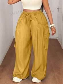 Maweii Pantalones anchos de mujer talla grande con bolsillo de carga y cordón en la cintura, de unicolor - Amarillo - Ver 7