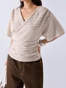 LYSMO 2026 New Arrive Minimalism Spring/Summer Women's V-Neck Striped Casual Versatile Daily Wear T-Shirt,Summer Top - Apricot - View 3