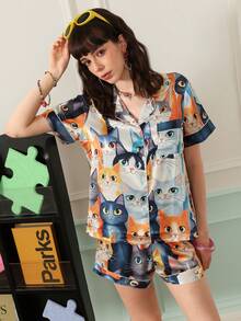 Chillnights Casual Cartoon Cat Pattern Women Satin Pajama Set - Multicolor - View 5