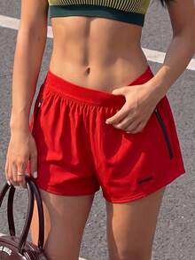Muchica Women's Zipper Pocket Casual Fitness Sports Shorts Sweater Shorts - Red - View 2
