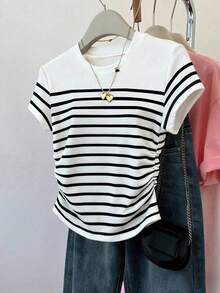 SHEIN 少女休闲条纹圆领短袖T恤，夏季新品 - 黑與白 - 查看 3