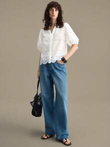 Ontre 女款白色刺繡短袖鏤空上衣，優雅夏季度假婚禮茶會賓客穿搭，極簡法式時尚通勤上衣 - 白色 - 查看 2