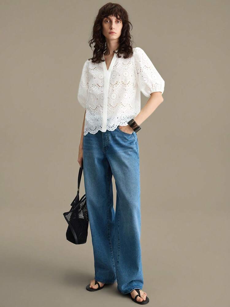 Women's White Embroidered Short Sleeve Blouse, Elegant Wedding Vacation Guest Outfit, Minimalist French Chic Luxury Feel, Urban Fashionable Business Casual Office Wear, Subtle Old Money Vibe, High-End Summer, Holiday, Commute, Office Wear Blouses For Women Blouses For Women Casual Blouses Women Eyelet Blouse For Women Latest Tops For Women New Arrivals
