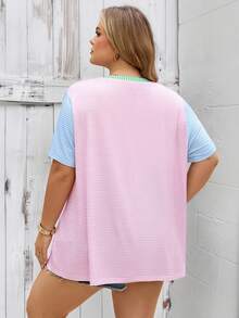 SHEIN CURVE+ Áo thun nữ cỡ lớn CURVE PLUS /Ngày Valentine/Áo thun nữ kẻ sọc lấp lánh và in họa tiết, họa tiết toàn thân, phù hợp cho mùa hè, Ngày Valentine, hoa hồng, trái tim, chấm bi, tình yêu, môi, thần Cupid, hoa 3D. - Nhiều màu - Xem 2