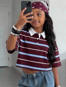 Tween Girls Summer Form-Fitting Striped Contrast Color Polo Neck Red/Brown T-Shirt,Parent-Child Clothing - Multicolor - View 6