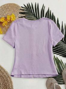 SHEIN Essnce 大码女装春夏时尚休闲弹力舒适日常百搭显瘦浅黄色纹理面料短袖T恤，曲线可爱上衣，夏季穿搭，外出上衣 - 紫丁香色 - 查看 2