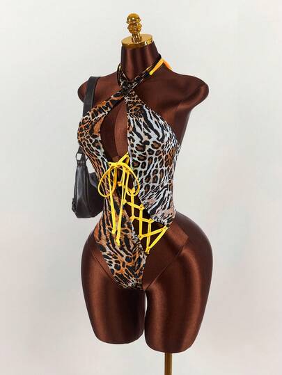 Amplova 1pc Women's One-Piece Swimsuit, Asymmetrical Hollow-Out Criss-Cross Strap Sexy Avant-Garde Criss-Cross Halter Cute Mini Leopard Print Sexy Contrast Color Jumpsuit