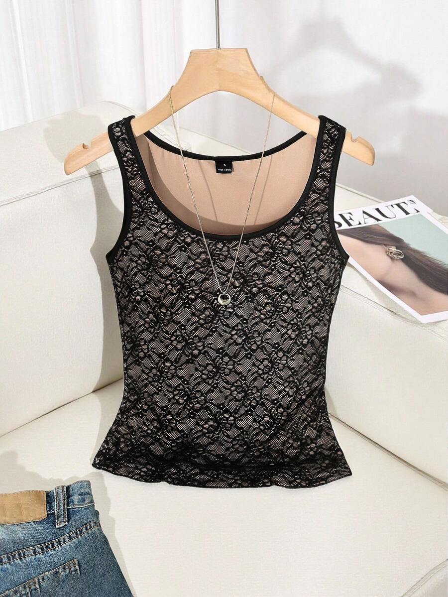 Franclia Camiseta de encaje negro de moda para mujer, versátil y estilizadora - Negro - Ver 1