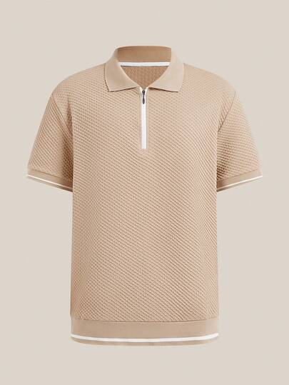 VeloEdit Men's Casual Business Suitable For Daily Wear, Plain Short Sleeve Collar Khaki, Old Money, Minimalist, Father's Day Gift For Father & Boyfriend, Outfits For