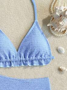 SHEIN Tween Girl Swimwear, Blue Comfortable Knitted Fabric, Swimwear Set, Suitable For Beach, Vacation, Sand, Play, Summer - Blue - View 3