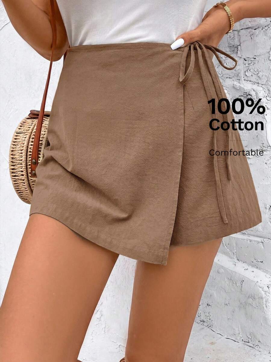 SHEIN Frenchy شورت كاجوال ربطة ملون للنساء للعطلات - كاكي - مشاهدة 1