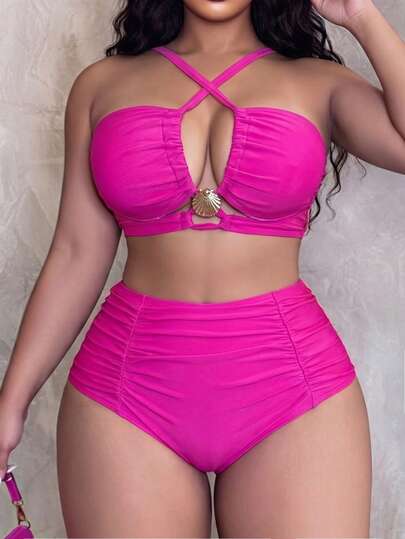 Swim SXY Conjunto de bikini sexy talla grande 2026 para mujer, color fucsia sólido, con tirantes anchos ajustables, top tipo bustier con decoración de concha metálica, traje de baño para fiesta en la playa