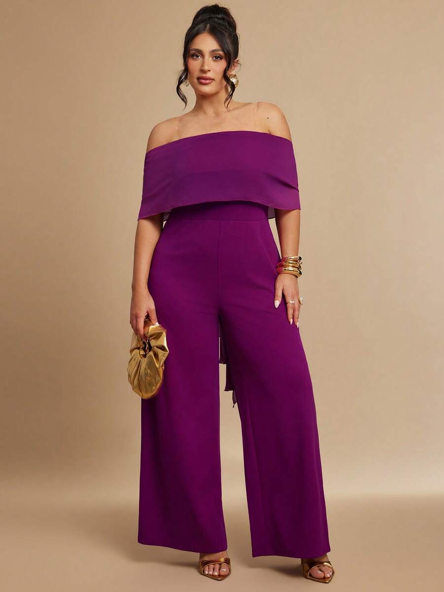 SHEIN BAE Mono informal de verano de talla grande con unicolor y volante asimétrico en el bajo - Morado - Ver 1