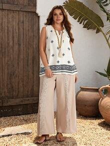 EMERY ROSE Women's Plus Size Summer Boho Vacation Holiday Beige Lace Patchwork Wide Leg Pants With Pockets, Casual Country Concert Beach Outfits - Khaki - View 7
