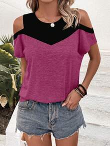 EMERY ROSE Color Block Open Shoulder T-Shirt Graphic Tees Women Tops Goin Out Black Summer - Purple - View 6
