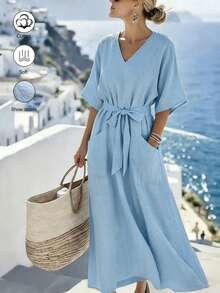 SHEIN Holidaya Vestido casual de largo medio con cuello en V y cintura con lazo de unicolor para mujer - Azul - Ver 1