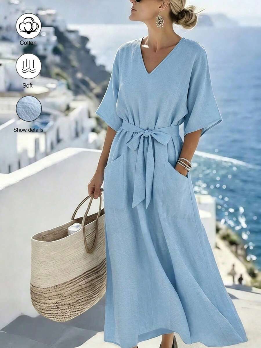 SHEIN Holidaya Vestido casual de largo medio con cuello en V y cintura con lazo de unicolor para mujer - Azul - Ver 1