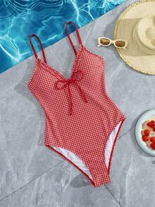 Swim Mod Áo tắm một mảnh nữ kiểu dáng retro họa tiết kẻ caro nâu, cổ chữ V phối bèo nhún, dây mảnh, lưng hở, buộc dây phía trước, lý tưởng cho thể thao & bãi biển, kỳ nghỉ xuân & hè. Đồ bơi 2026. Áo tắm kiểu Pháp. Áo tắm mùa hè kiểu Châu Âu. Trang phục mùa hè. - Nhiều màu - Xem 7