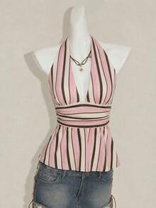 Attitoon Halter Deep V-Neck Cinched Waist A-Line Backless Camisole,Summer Top - Multicolor - View 6
