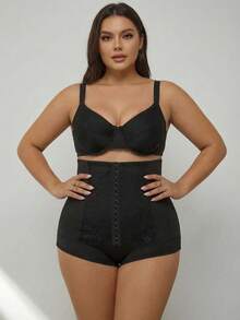 SHEIN CURVE+ 加大码女式黑色性感蕾丝拼接高腰塑形短裤/2026新款/新年加大码女式曲线塑形裤 - 黑色 - 查看 5