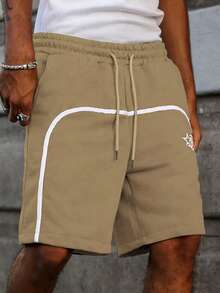 PAVTROS Men's Contrast Trim Drawstring Waist Shorts, Striped Webbing Design - Khaki - View 6