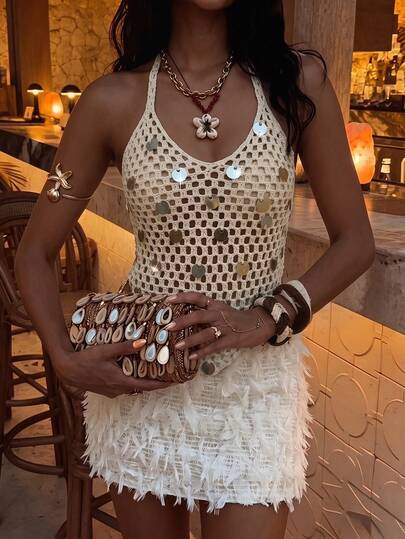  Selianne Women's Self Tied Hollow Textured Crochet Sequin Decorated Knit Top, Halter Knitwear Suitable For Beach And Resort Wear Music Festival, Spring/Summer