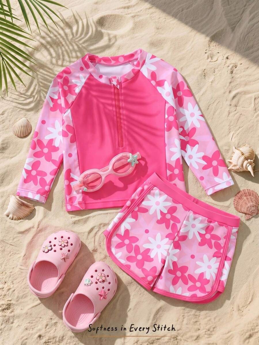 Cozy Pixies 2pcs Baby Girl Loose Long Sleeve Raglan Sweatshirt And Casual Swim Shorts Set, Suitable For Vacation, Beach, Swimming Pool - Pink - View 1