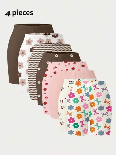 4pcs/Set Girls Shorts, Summer Thin Casual Pants, Homewear Bottoms, Versatile Floral, Cherry, Strawberry, Bow Print, Sweet Pink Combination, Cute Style, Knit Fabric, Comfortable, Leggings