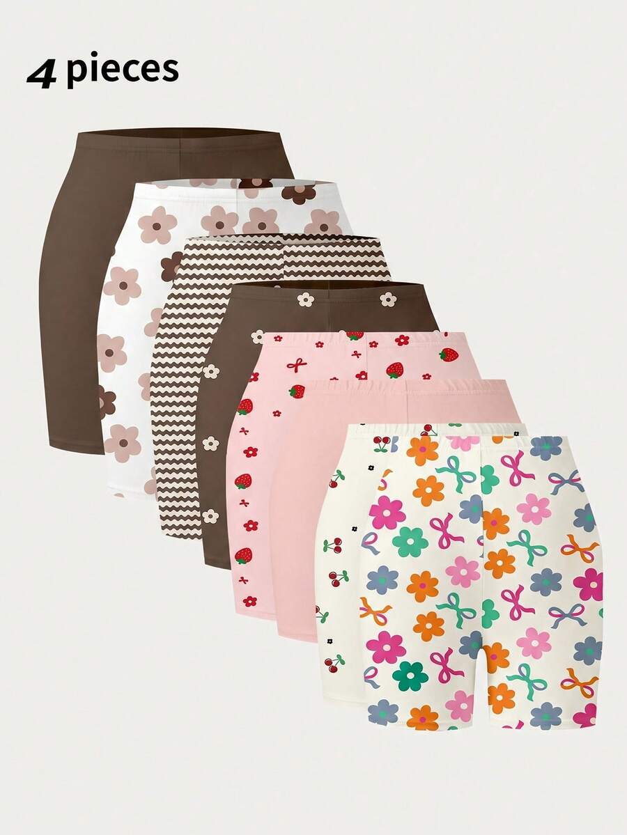 4件套女童短裤,夏季薄款休闲裤,家居服下装,百搭花卉、樱桃、草莓、蝴蝶结印花,甜美粉色组合,可爱风格,针织面料,舒适,打底裤 - 彩色 - 查看 1