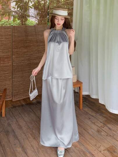 Joudiya Conjunto elegante de 2 piezas de top halter plisado de unicolor y minifalda para mujer