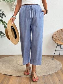 Balvessa Quần harem cạp chun màu xám trắng kẻ sọc dọc, có túi, hiệu EMERY ROSE, kiểu dáng cổ điển, phù hợp cho sinh hoạt hàng ngày, ở nhà và ngoài trời. - Màu xanh hải quân - Xem 5